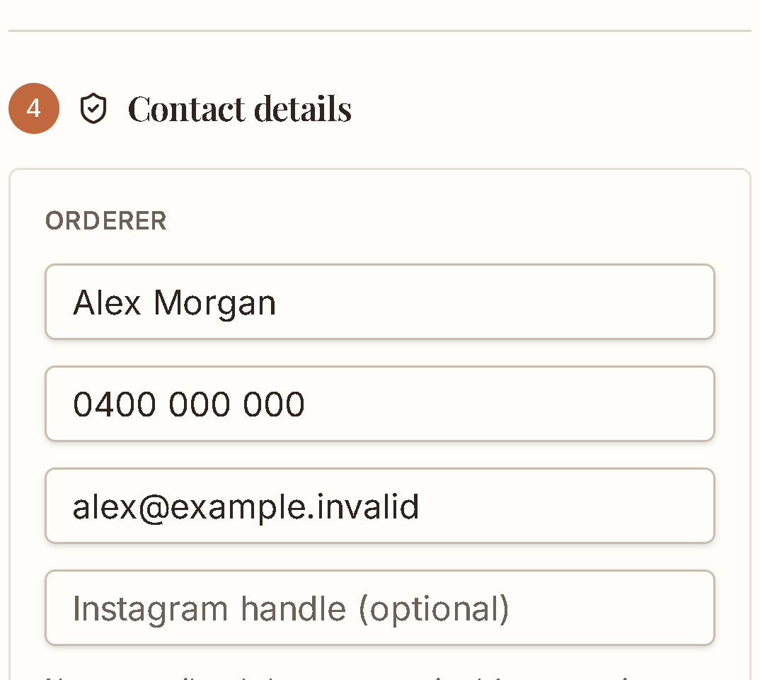 Actual contact fields with synthetic customer Alex Morgan and an example.invalid email.