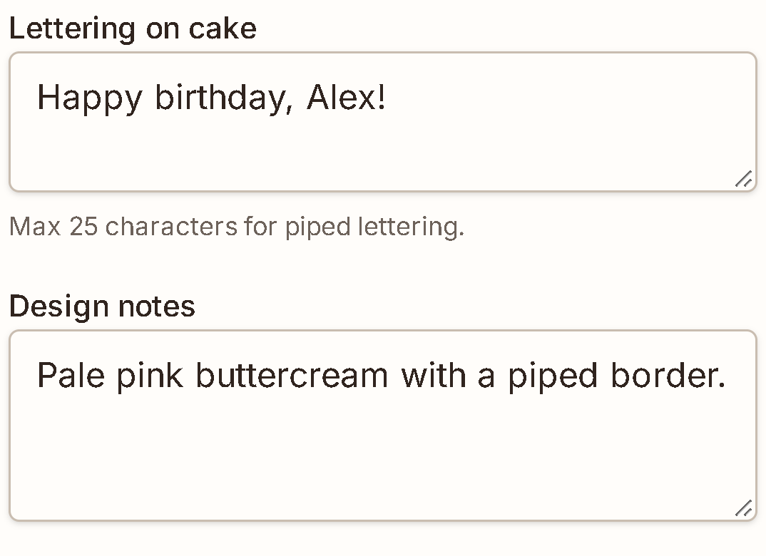 Actual lettering and design fields: Happy birthday, Alex! Pale pink buttercream with a piped border.
