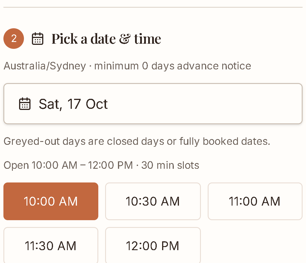 Actual pickup fields: Saturday, October 17, 2026 at 10:00 AM, Australia/Sydney.