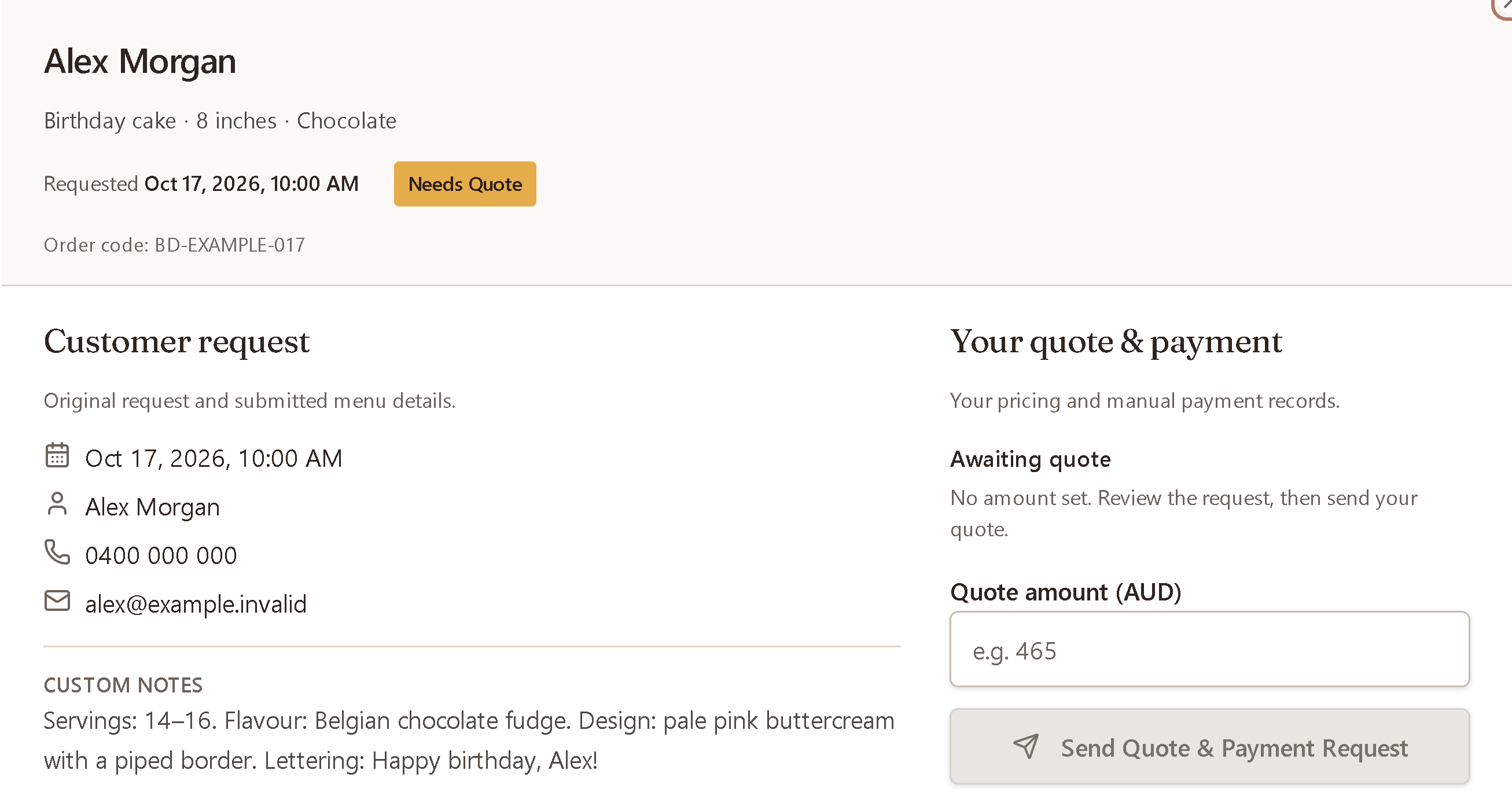 The same example request in BakeDesk: Alex Morgan, October 17 at 10:00 AM, 14–16 servings, chocolate and Needs Quote.