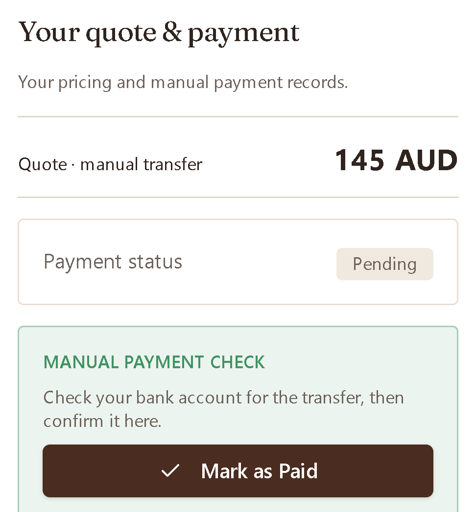 Actual manual payment check: example quote 145 AUD, Pending; the baker checks their bank account before marking it paid.